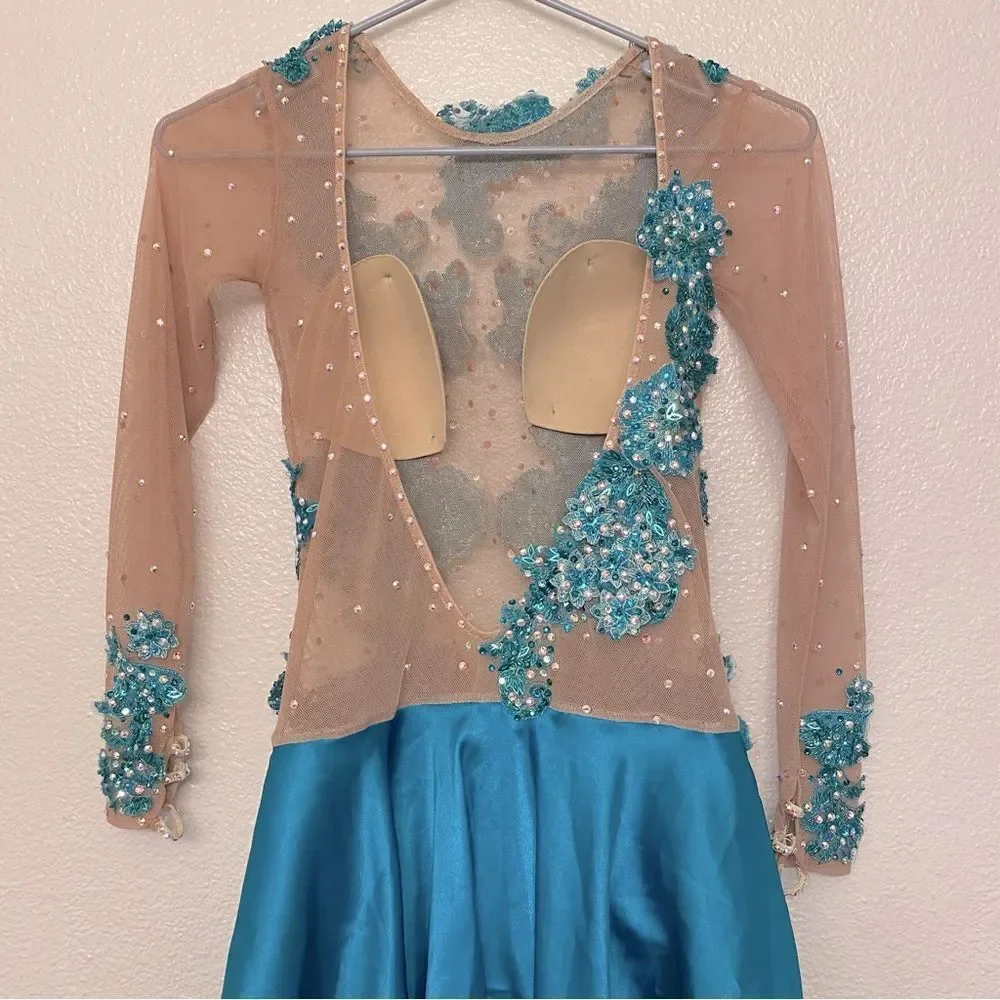 Custom Solo Dance Costume Teal Blue Lyrical Competition nude illusion SA adult
